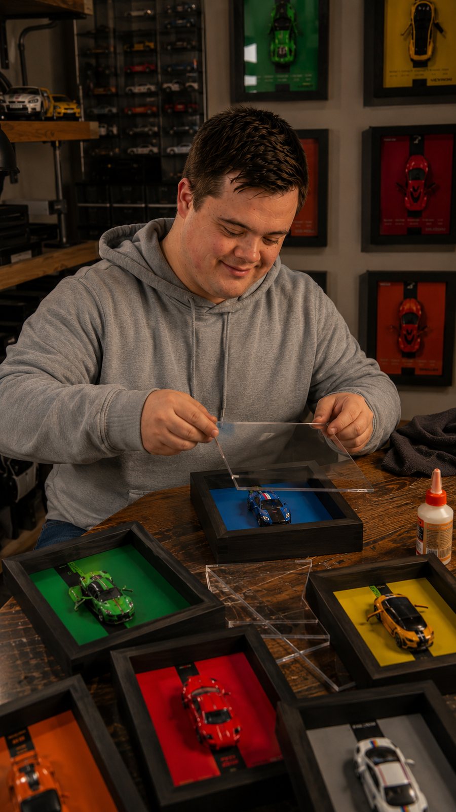 Jared mounting model cars inside handmade display frames