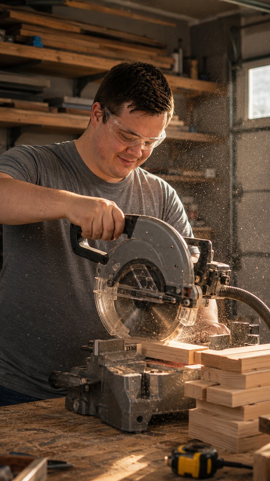 Jared cutting wood for a handmade collector frame