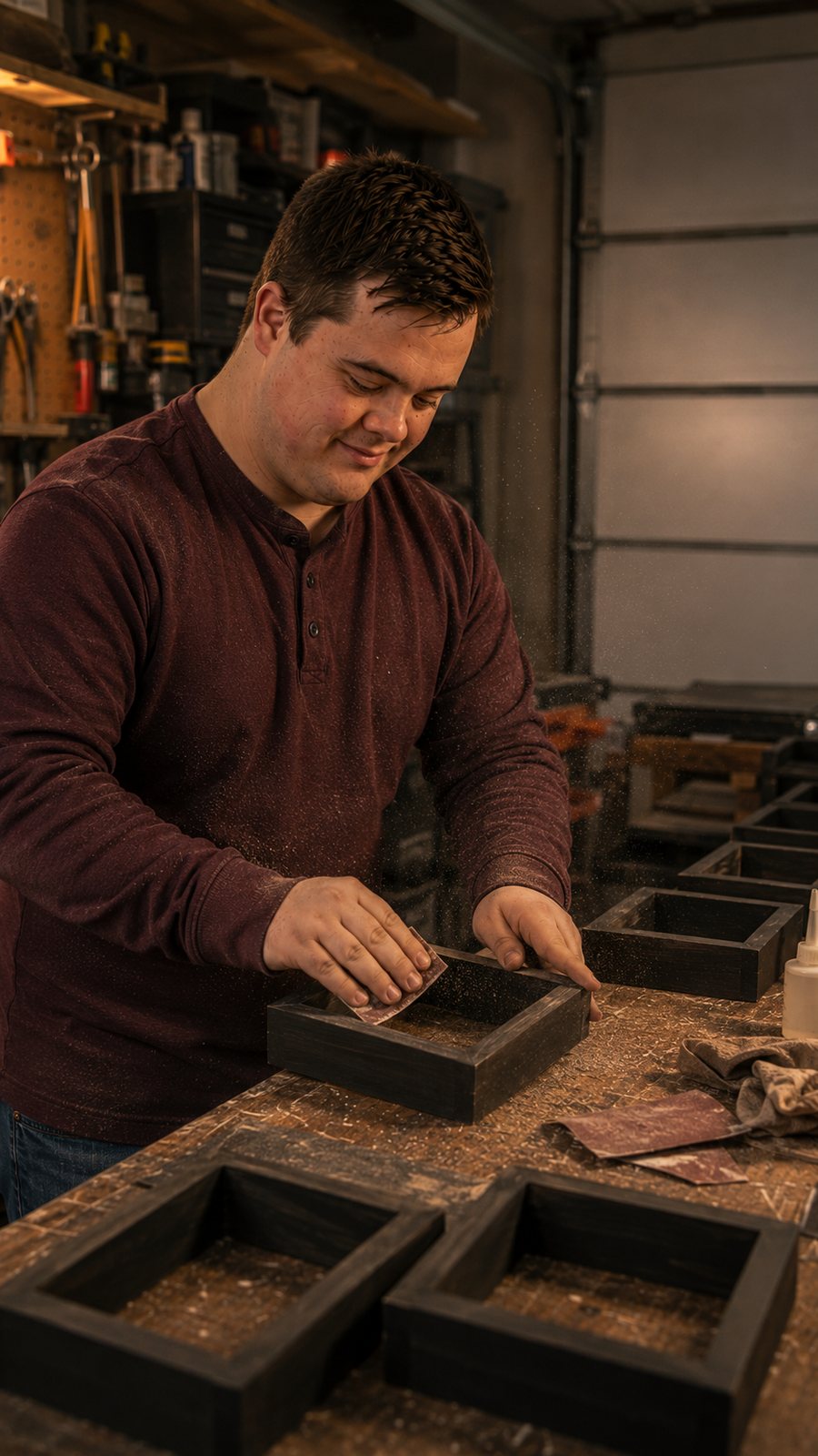 Jared sanding a black handmade display frame