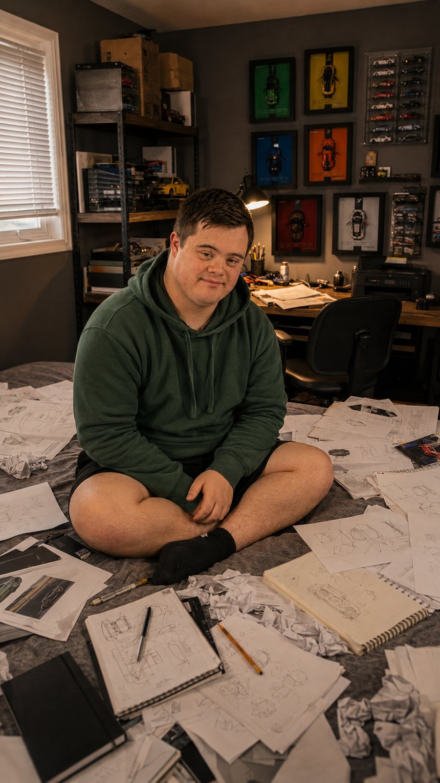 Jared in his car art room surrounded by sketches and collector displays